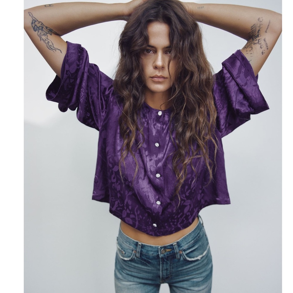 Zara purple jacquard blouse
